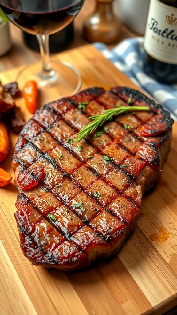 Juicy New York steak with grill marks on a cutting board, garnished with herbs and served with roasted vegetables.